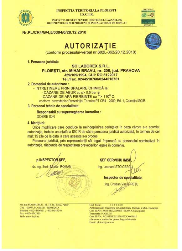 Autorizatie ISCIR SPALARE CHIMICA